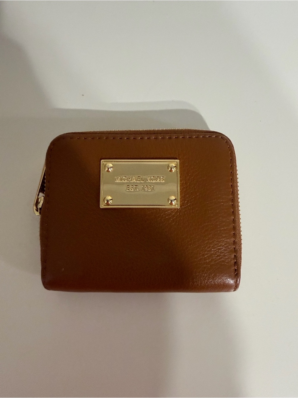 Michael Kors Chestnut Leather Zip Card Case with Gold Plate